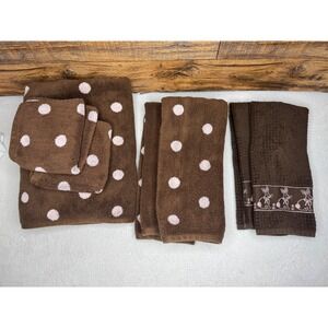 Peri Cotton Towel Set Brown Pink Polka Dot Bunny Embroidered Bath Hand Washcloth